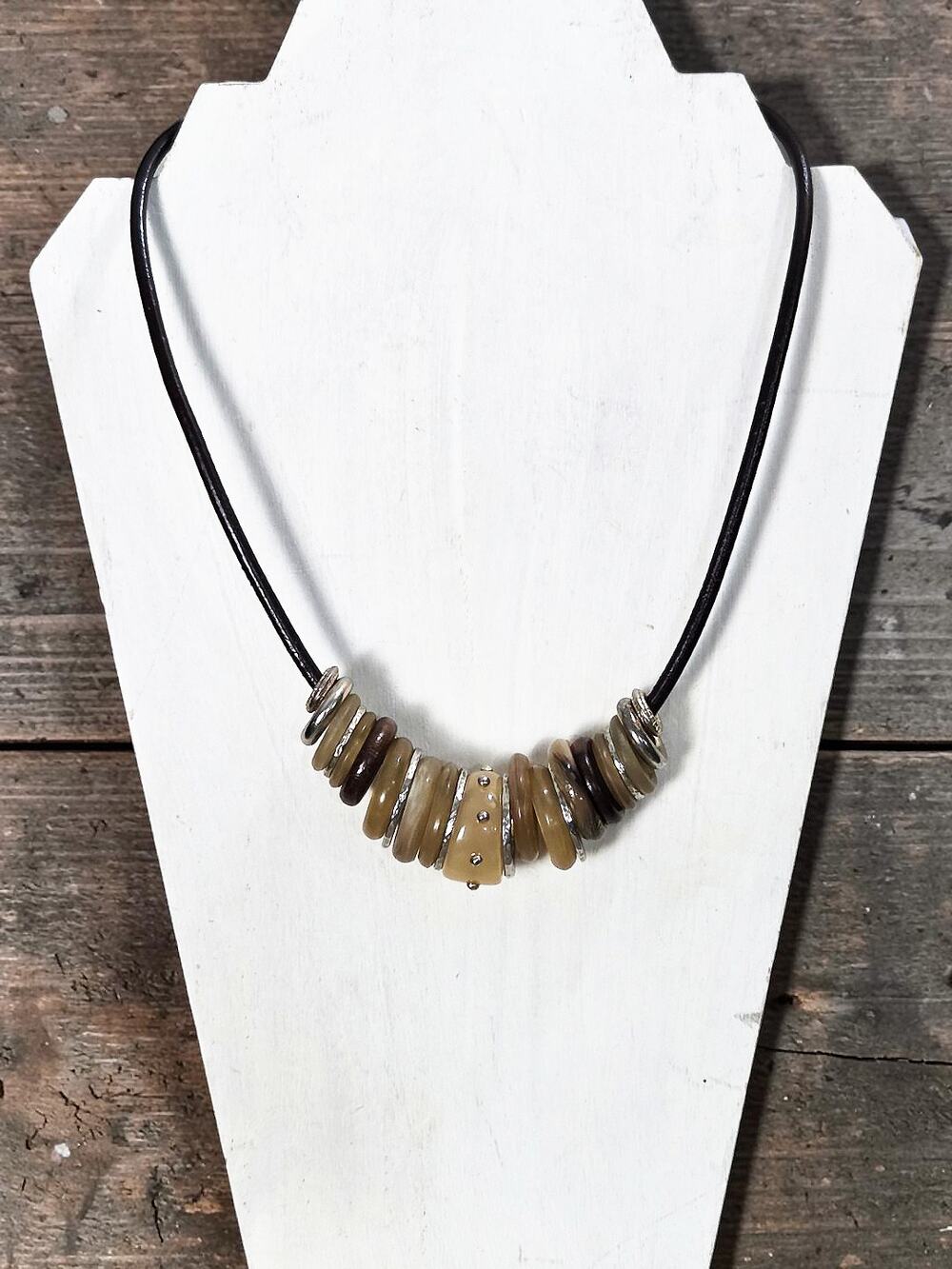 Chico's Leatherette Cord Brown Metal Wood Resin Circle Necklace